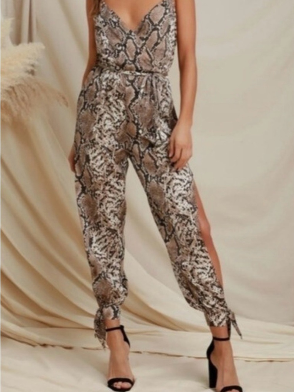 Dress Forum Beige Snake-Print Tie-Waist Jumpsuit
